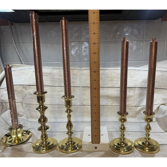 LOT of 5 Brass Candlesticks VTG Baldwin w/Luna Lumia Candles Sizes 1.5" To 7.5" - Picture 3 of 9